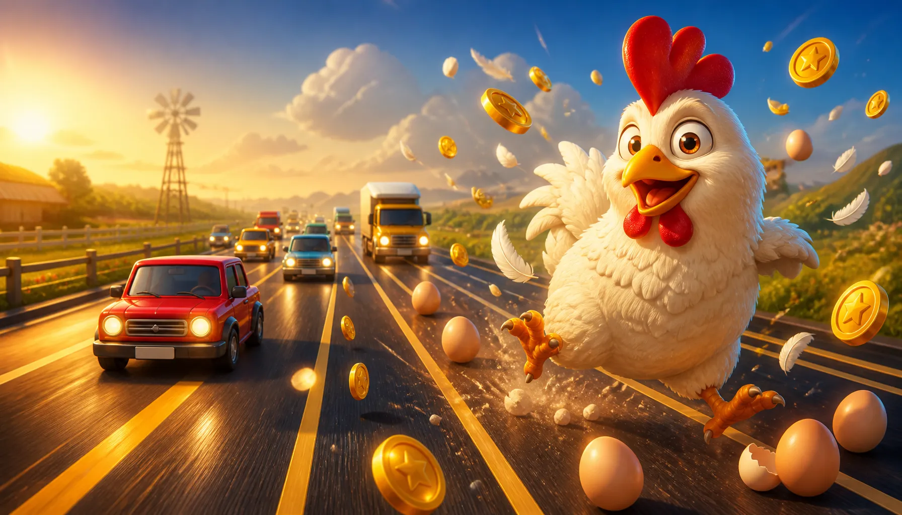 3D chicken crossing dynamic multi-lane road with traffic and obstacles, surrounded by eggs, golden coins, and arcade elements