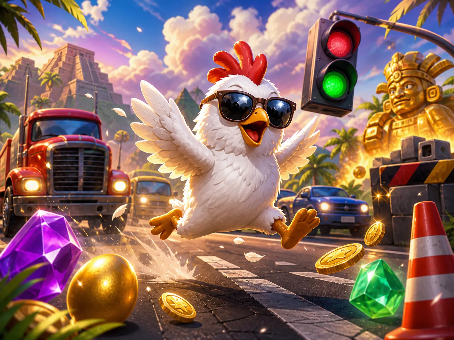Vibrant artwork depicting the Chicken Road slot game with a funny chicken character on a road scene full of playful energy.