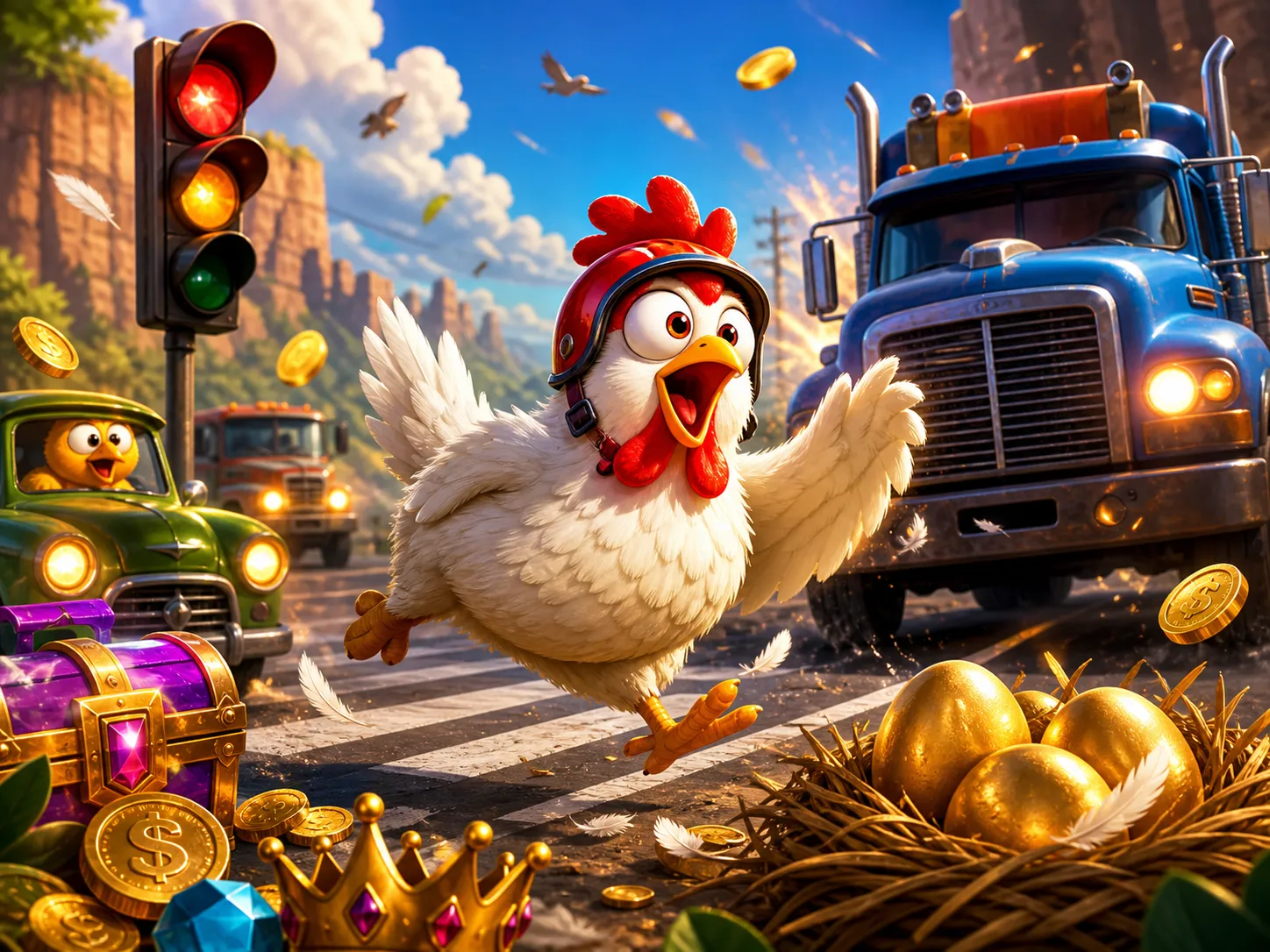 Colorful chicken-themed slot game artwork with playful road and traffic elements.